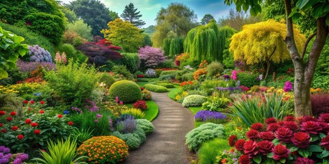 Vibrant flowers and lush greenery in a chaotic and colorful dadaist garden , vibrant, flowers, garden, dadaism, beautiful