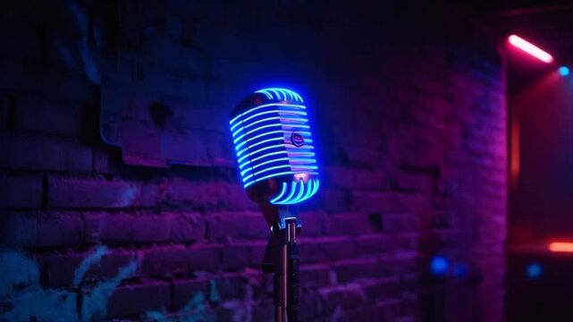 Vintage microphone with neon blue light on a brick wall background.