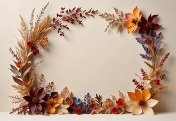 Fototapeta premium a delicate beige backdrop showcasing multicolored, dried botanicals artistically placed around the perimeter