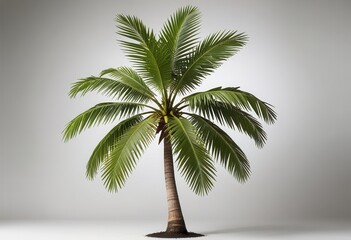 Fototapeta premium a detailed coconut palm tree with a textured trunk and lush leaves against a plain background