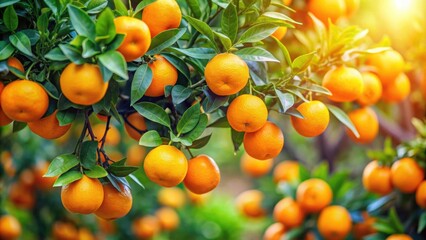 A vibrant Mandarin orange tree with ripe fruits hanging on branches , Mandarin orange, tree, fruit, foliage, citrus, garden
