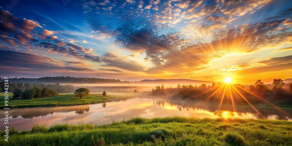 Poster Beautiful sunrise over a serene natural landscape, sunrise, morning, sun, nature, scenery, tranquil, peaceful, dawn, beauty