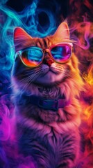 Cat wearing sunglasses with colorful smoke