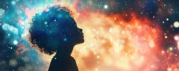 A silhouette of a child against a vibrant cosmic background, symbolizing imagination and wonder in a dreamlike universe.