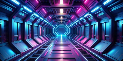 Dark blue and pink interior background of a spaceship tunnel in rendering, space, futuristic, scifi, technology, tunnel