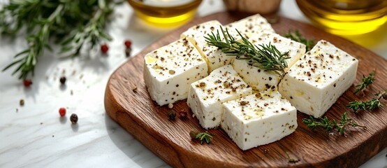 Tasty white feta cheese and herbs rosemary on cutting board in table at kitchen.