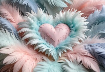 a pastel-colored heart surrounded by fluffy, light feathers with a focus on gentle textures and cool tones
