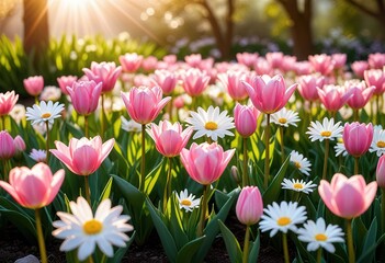 Obraz premium a picturesque display of fresh pink tulips and cheerful white daisies flourishing under the radiant glow of morning sunlight, with a soft-focus background that enhances the flowers’ vivid colors.