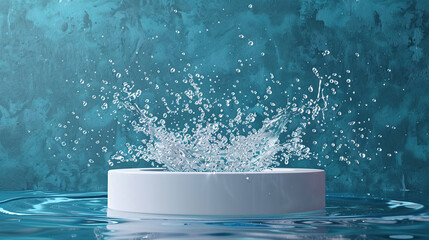Podium with water splashing in blue background