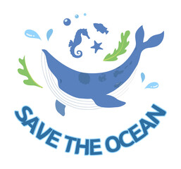 Ocean Environmental Protection Logo Illustration with Whales and Marine Life