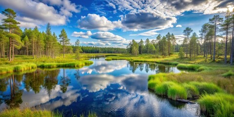 Fototapeta premium Beautiful summer day in Finland, with a lush swamp in northern Europe , tranquil, scenic, beautiful, nature, Finnish