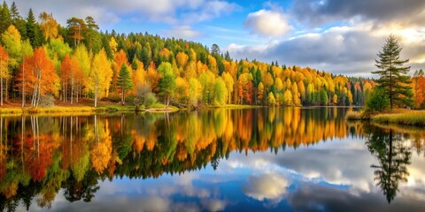Fototapeta premium Autumn forest landscape in Scandinavia with a serene lake , Scandinavia, forest, lake, autumn, landscape, northern, trees