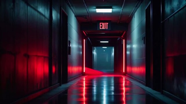 A red neon exit sign illuminates a dark, concrete corridor with a tiled floor and red neon lighting on the walls, creating a mysterious and atmospheric scene. - Powered by Adobe