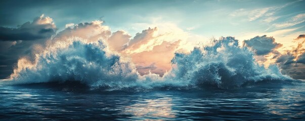 Fototapeta premium Breathtaking waves crashing against the serene ocean at sunset, capturing the beauty of nature and tranquility of the sea.