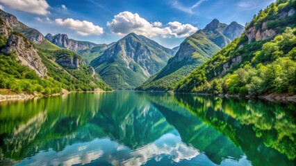 Scenic landscape of Lake Koman in Albania with rugged mountains reflecting on calm waters, Albania, Lake Koman, landscape