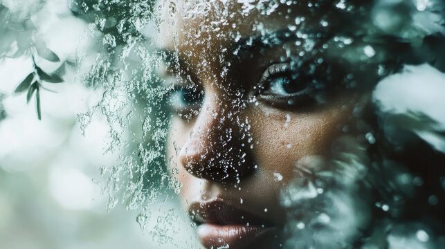A close-up portrait of a woman framed by raindrops on glass, capturing a moment of introspection and beauty in nature.
