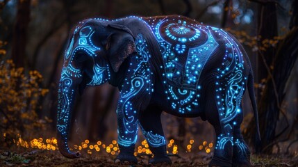 Fototapeta premium Bioluminescent Tribal Tattoos Illuminate Majestic Elephant in Dark Forest