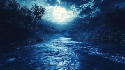 Fototapeta premium Serene night scene featuring a moonlit river surrounded by trees and clouds, evoking tranquility and natural beauty.