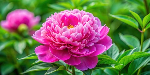 Fototapeta premium Vibrant pink peony flower in full bloom surrounded by green leaves in a garden, peony, flower, pink, bloom, garden, vibrant