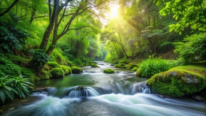 Obraz premium Water flowing gently through lush green vegetation , nature, stream, peaceful, serene, tranquil, water flow, lush