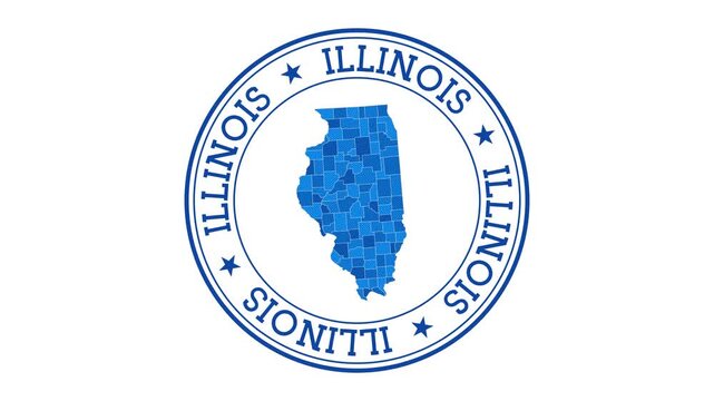 Illinois intro. Badge with the circular name and map of the US state. Illinois round logo animation.