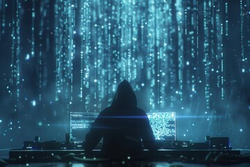 A hooded figure is focused on a computer, surrounded by a vibrant display of matrix-like code streaming down on large screens. Generative AI