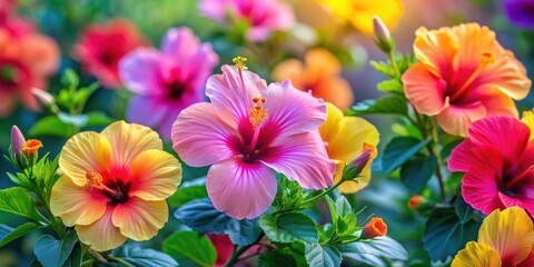 Obraz premium Vibrant and colorful hibiscus flowers in full bloom, hibiscus, flowers, tropical, bloom, vibrant, colorful, garden, petals
