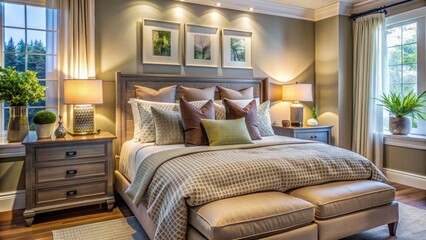 Cozy bedroom with soft pillows creating a warm and inviting atmosphere, comfort, warmth, tenderness, calm, relaxation, cozy