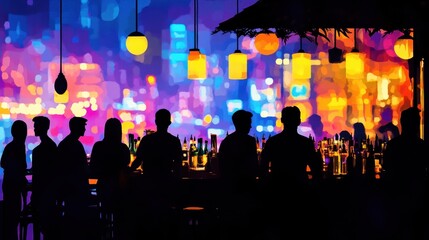 A vibrant nightlife scene featuring silhouettes of people at a bar with colorful glowing lanterns and glowing city lights.