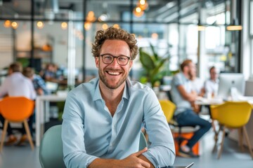 Fototapeta premium happy businessman, dressed in a business suit, exudes joy as he plans strategy with focused attention on the laptop screen in the modern office.