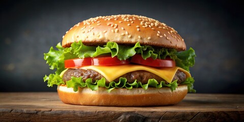 Delicious grilled hamburger with lettuce, tomato, cheese, and sauce on a sesame seed bun, burger, hamburger, food, grilled, fast food