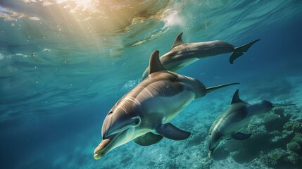 Fototapeta premium Dolphins swimming gracefully underwater, their sleek bodies gliding through the clear blue ocean. The sunlight filtering through the water enhances the beauty of this aquatic scene.