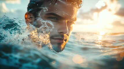 A serene moment captured as a man emerges from ocean waves at sunset, embodying tranquility and connection with nature.