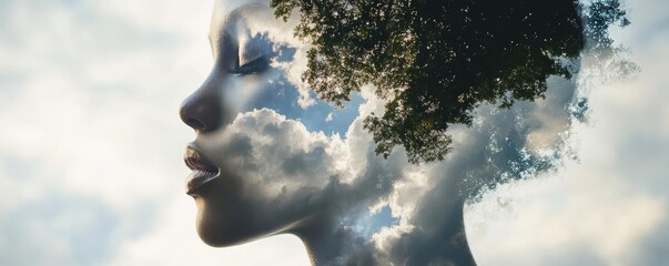 A serene profile portrait merging human form with clouds and trees, symbolizing nature and inner peace.