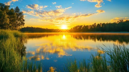 Obraz premium sunset at coast of the lake. Nature landscape. Nature in northern Europe. reflection, blue sky and yellow sunlight. landscape during sunset , ai