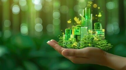 A hand holding a green city concept, symbolizing sustainable urban development and environmental harmony.