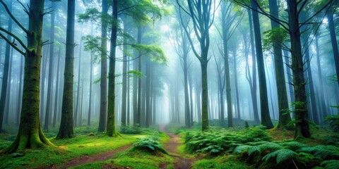 Fototapeta premium Mysterious fir forest shrouded in fog, inviting explorers into a realm of serenity and enchantment, Mysterious, Fir forest