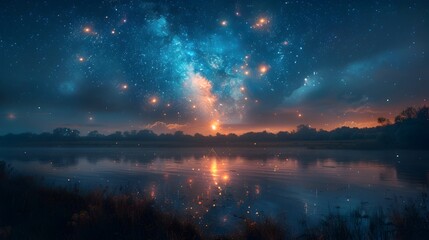 Naklejka premium Mesmerizing Starlit Sky Over Peaceful Countryside Landscape at Night