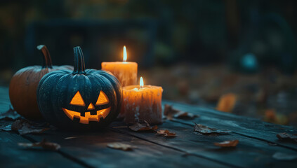 Obraz premium Halloween pumpkin and candles on wooden table