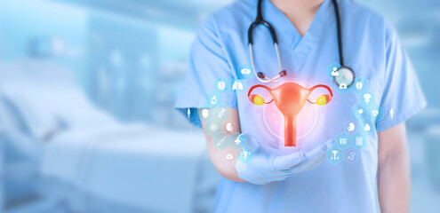 Gynecologist doctor examines uterus isolated on light blue background. Female reproductive health...