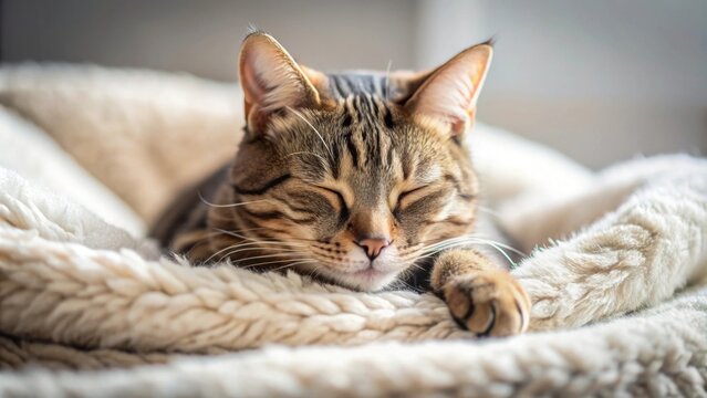 Cat peacefully sleeping on a cozy bed , feline, nap, resting, relaxation, pet, comfortable, peaceful, cozy, domestic, purring