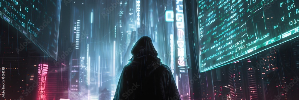 Aufkleber A hacker in a hoodie focuses on a computer displaying glowing, matrix-like code, immersed in a dark, neon-lit atmosphere. Generative AI