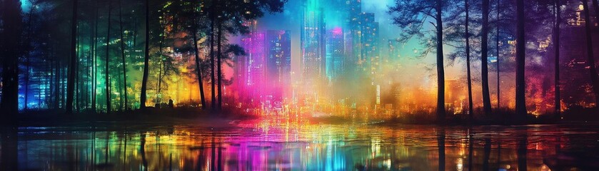 Fototapeta premium A vibrant, colorful forest scene with reflections of light and color in the water, creating a magical atmosphere.