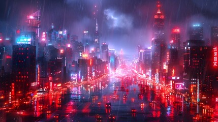 Fototapeta premium Bustling nighttime city street with crowds,bright lights,and dynamic urban atmosphere
