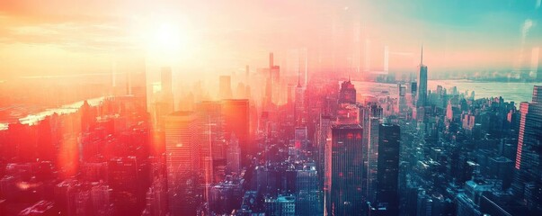 Fototapeta premium Aerial view of a vibrant city skyline during sunset, showcasing tall buildings against a colorful sky with radiant light.