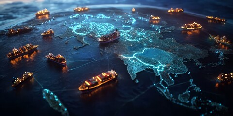 This detailed visualization offers a deep dive into the international shipping network, displaying moving cargo ships on a dynamic map, highlighting global logistics and trade complexity