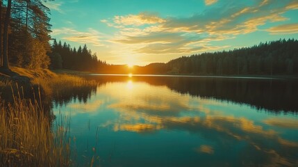 Fototapeta premium sunset at coast of the lake. Nature landscape. Nature in northern Europe. reflection, blue sky and yellow sunlight. landscape during sunset , ai