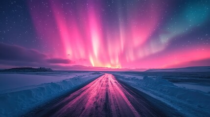 road illuminated by the aurora borealis, with vibrant colors dancing across the night sky and snow