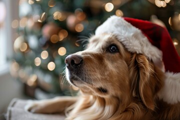 Dog in Santa hat with decorated Christmas tree background