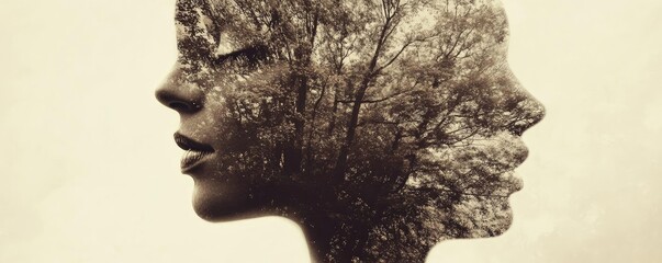 A captivating image of dual faces intertwined with nature, symbolizing harmony between humanity and the environment.